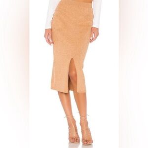 Free People Skyline Rib-Knit Midi Skirt Tan Stretch Open Slit Front Tan XS Sexy